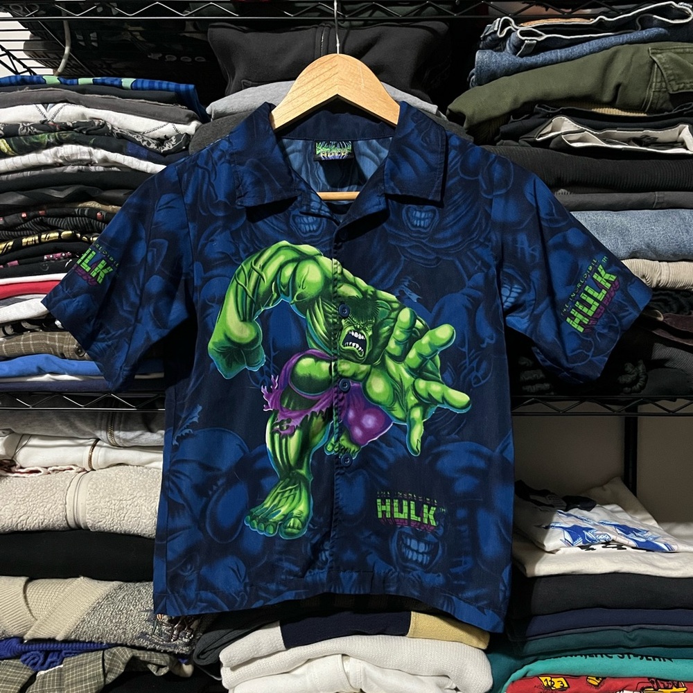 2002 Marvel Hulk Kids Button Down Shirt - Navy and Green